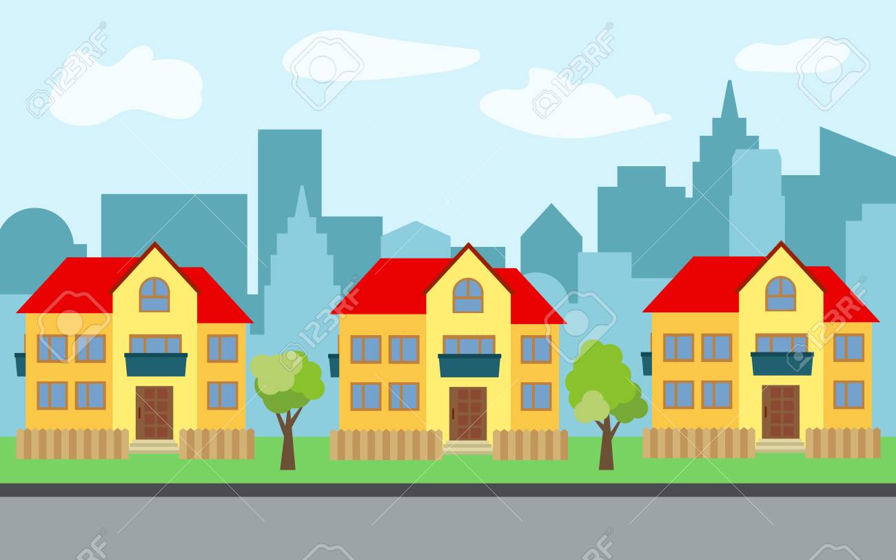 vector city with three two story cartoon houses and green trees cartoon images of houses