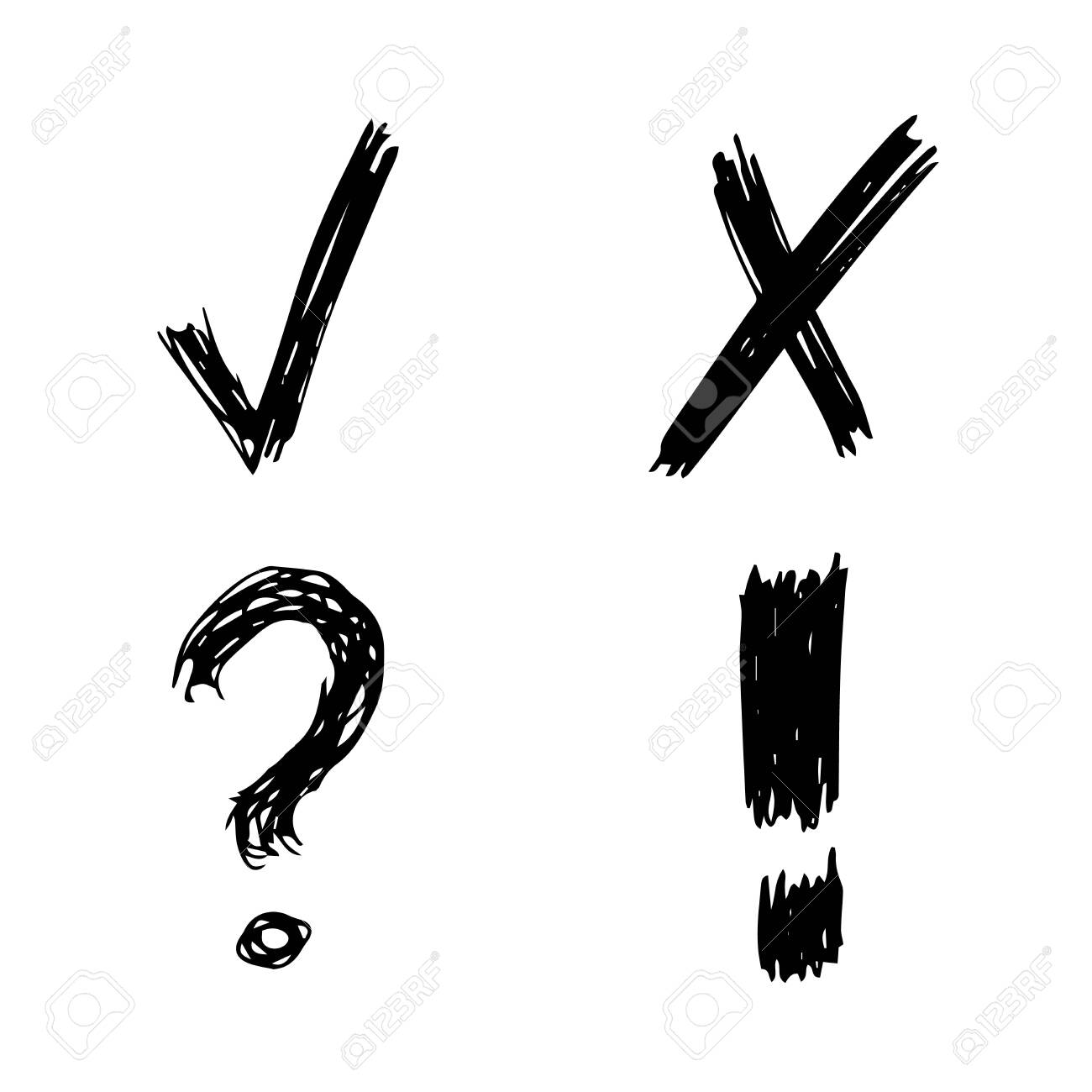 Icon set of check mark, cross, question mark, exclamation point, information icon. FAQ sign. Tick, question, information and answers mark. Help symbol. Vector illustration Stock Vector