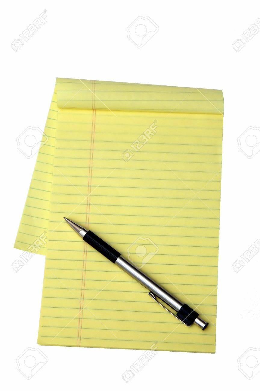 yellow notepad and a pen isolated in a white background stock photo