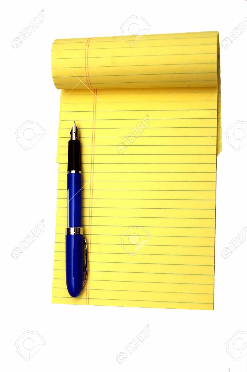 a yellow notepad and a pen isolated against a white background stock