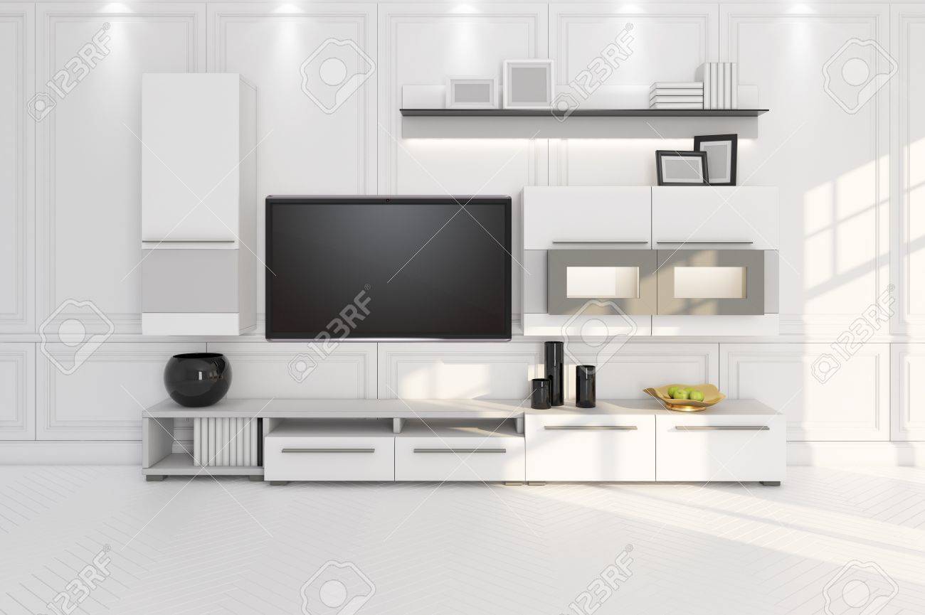 Wohnzimmer Mit Tv Mobel Und Regal 3d Illustration Lizenzfreie Fotos Bilder Und Stock Fotografie Image