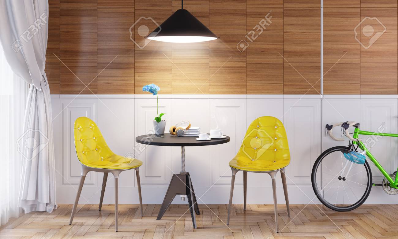 Interior De Estilo Contemporáneo, Comedor En Casa. Mesa Pequeña Con ... Interior De Estilo Contemporáneo, Comedor En Casa. Mesa Pequeña Con ...