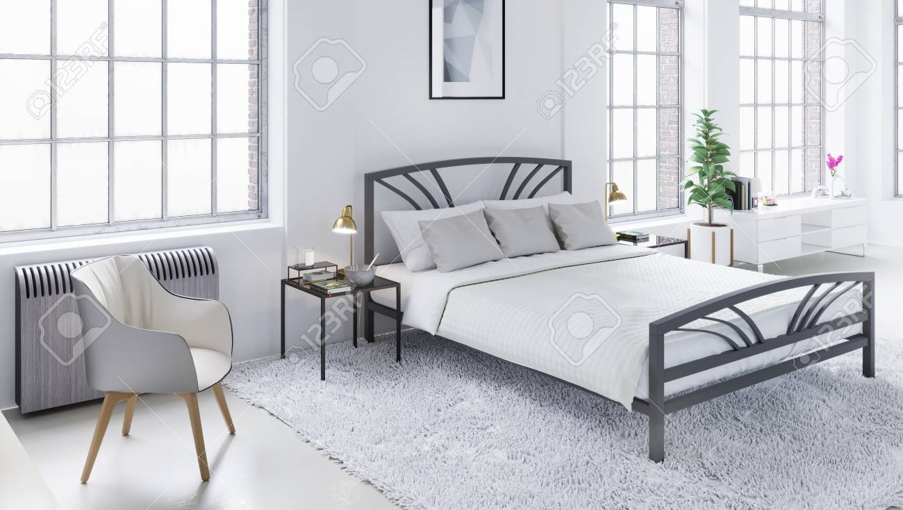 White Modern Bedroom, Scandinavian Interior Design 3D Illustration ... White Modern Bedroom, Scandinavian Interior Design 3D Illustration ...