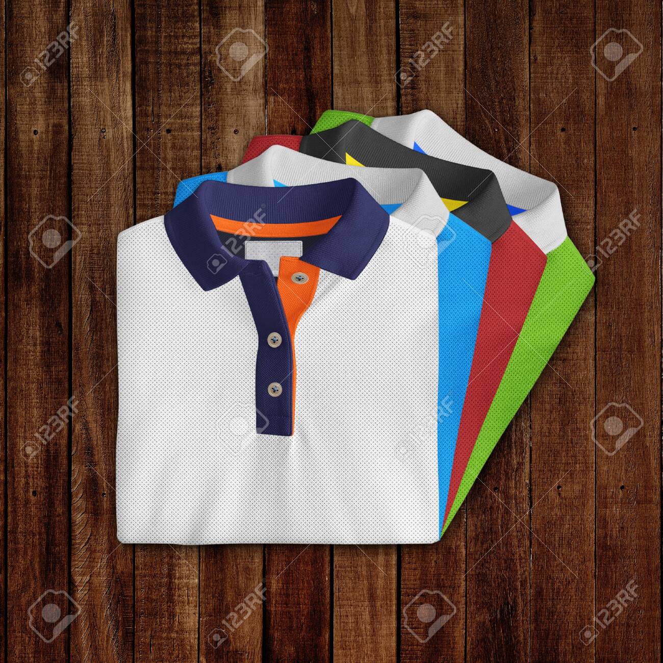 Download T Shirt Mockup Folded And Stacked Front View On Wooden Background Stock Photo Picture And Royalty Free Image Image 112737646