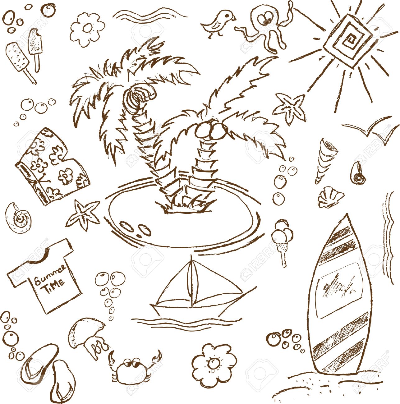 full page of fun hand draw doodles on a summer theme royalty free