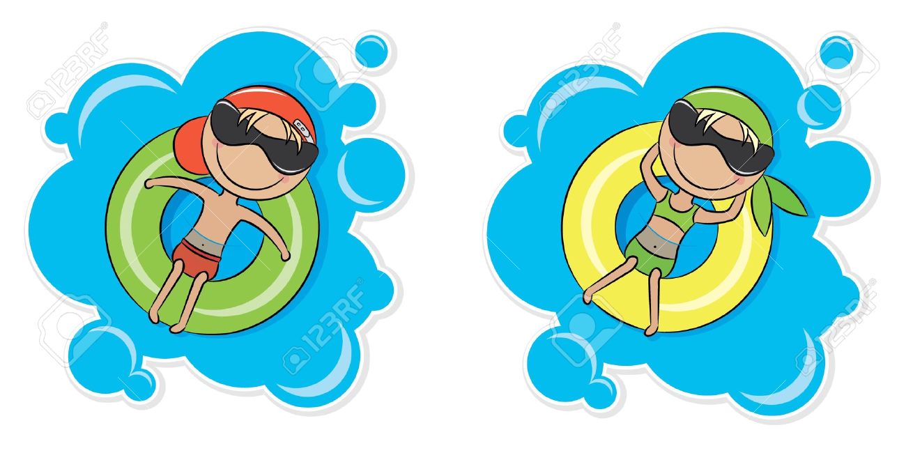Illustration of a young cheerful girl and boy relaxing on inner tube - 11853849 Illustration of a young cheerful girl and boy relaxing on inner tube - 11853849