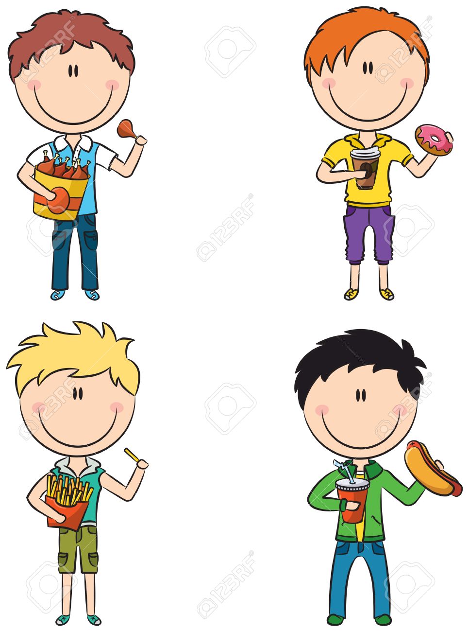 別のジャンク フードと幸せな男の子のイラスト素材 ベクタ Image 別のジャンク フードと幸せな男の子のイラスト素材 ベクタ Image