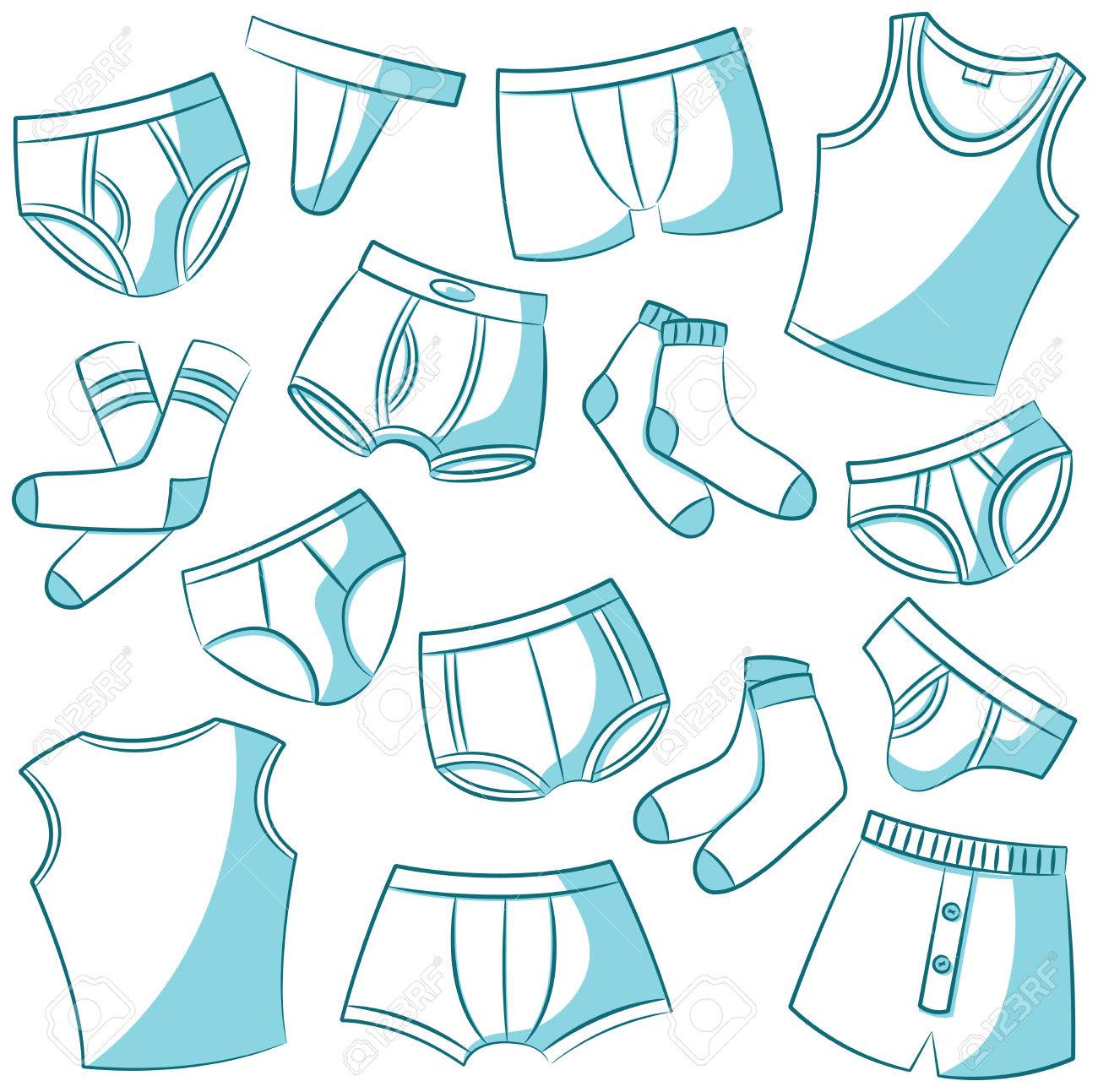 Doodle Conjunto Con La Ropa Interior Para Los Hombres. Ropa Interior Cada Día De Recogida De Iconos De Los Niños De Dibujos Animados. Ilustraciones Svg, Vectoriales, Clip Art Vectorizado Libre De