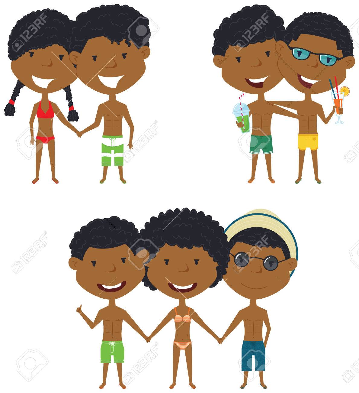 立って手をつないでビーチ アフリカ系アメリカ人人々 幸せな男の子と女の子のベクトルを設定します かわいい女性と男性のコレクション 夏休みに友達に笑顔 の イラスト素材 ベクタ Image