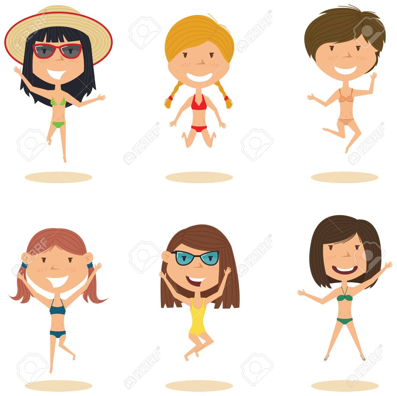 ビーチでジャンプ夏可愛い女性キャラクターはベクトル イラストです 陽気な若い女の子は 白い背景の上のジャンプをします 夏休みに幸せな 10 代の若者 のイラスト素材 ベクタ Image