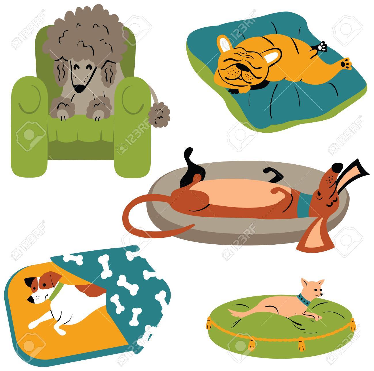 かわいい犬のベッドで寝ています 快適で柔らかい枕横になっている純血種犬のベクトル イラスト カラフルなマットにペットのファンキーな漫画 のイラスト素材 ベクタ Image