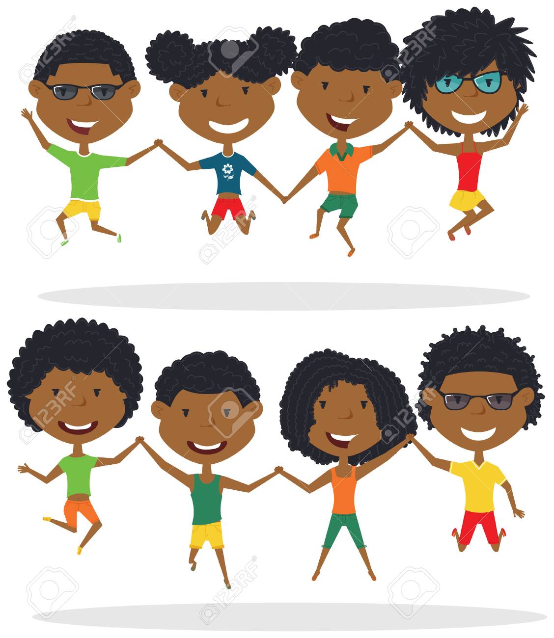 かわいいアフリカ系アメリカ人カップル ジャンプの屋外のベクトル図です 陽気な若い男の子と女の子は 白い背景で隔離ジャンプをします 幸せな 10 代の若者のライフ スタイル のイラスト素材 ベクタ Image