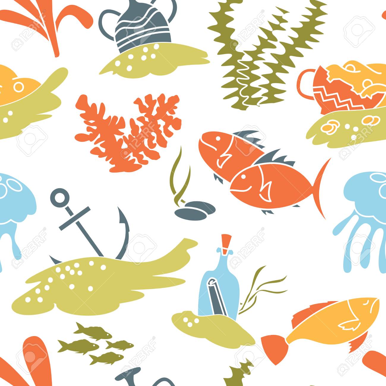水中の隠された財宝のシームレスなパターン フィッシャーズ くらげおよび金が付いている古いつぼとベクトルの壁紙 のイラスト素材 ベクタ Image