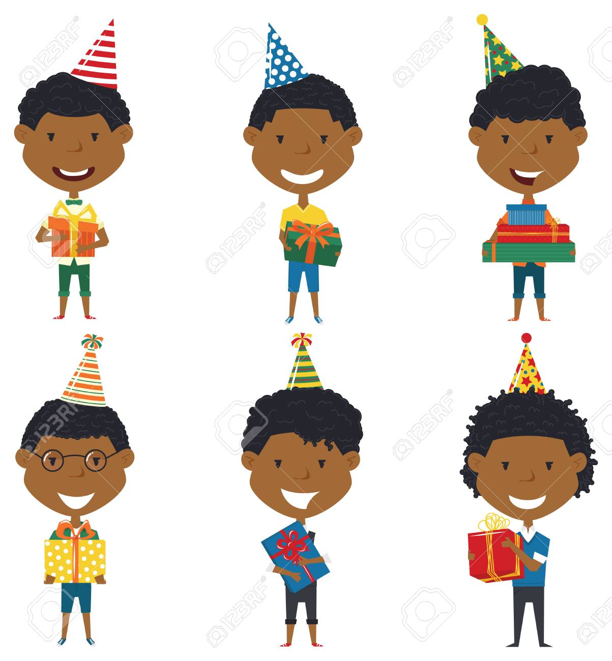 Happy African American Boys Carrying Colorful Wrapped Gift Boxes