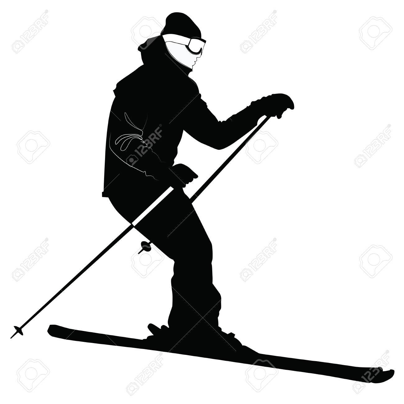 ベクトル イラスト 丘を下って行くスキーヤーの黒と白のシルエット のイラスト素材 ベクタ Image