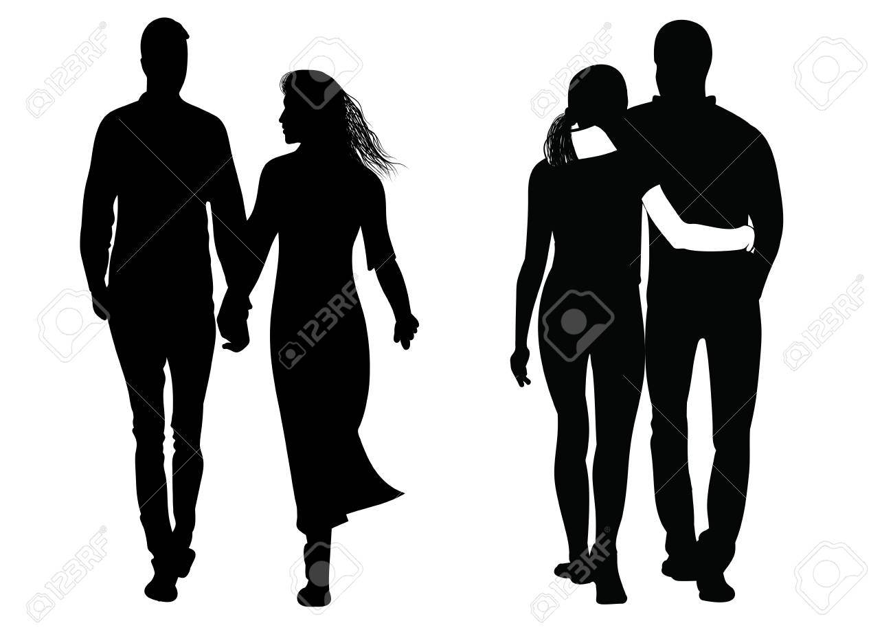 お互いの隣を歩いていた男女のカップルのシルエットのイラスト素材 ベクタ Image