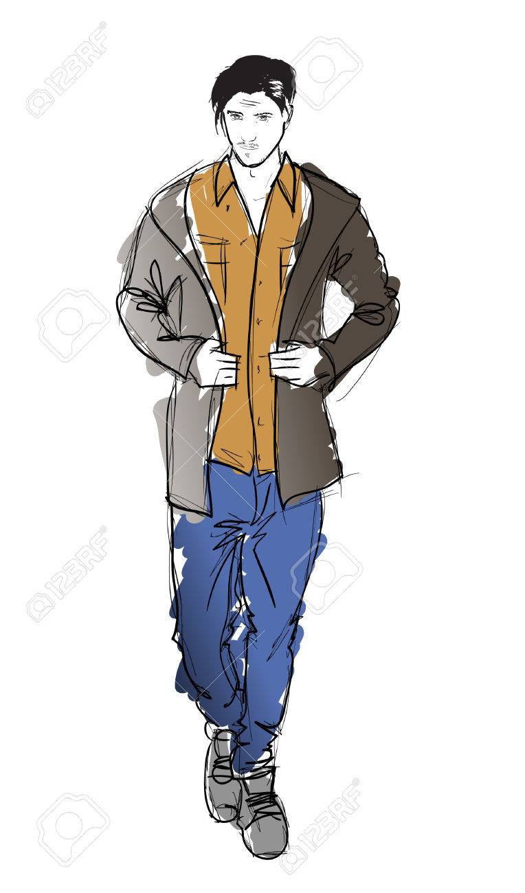 スケッチ スタイリッシュな美男子ストリート ファッションを展示 のイラスト素材 ベクタ Image