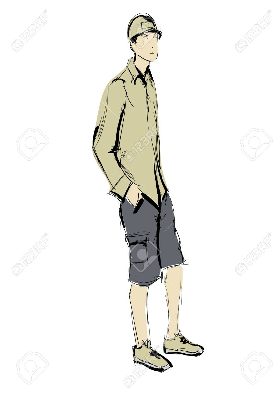 スケッチ スタイリッシュな美男子のストリート ファッションを紹介 のイラスト素材 ベクタ Image