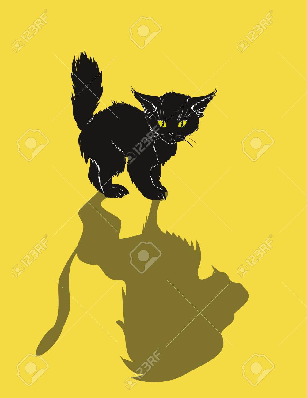 a cute black kitten and a lion s shadow on a yellow background