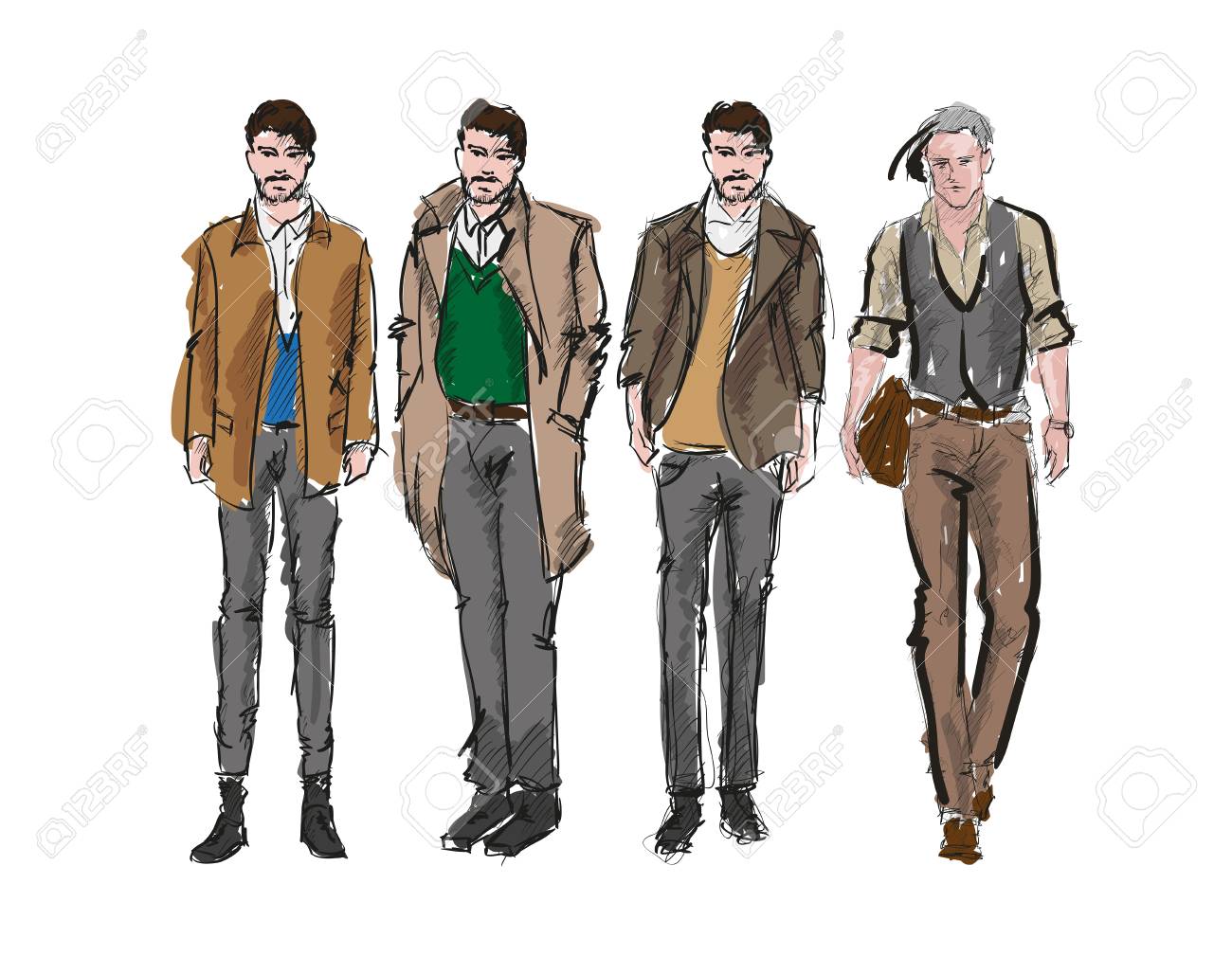 Fashion man. Set of fashiona mens sketches on a white background
