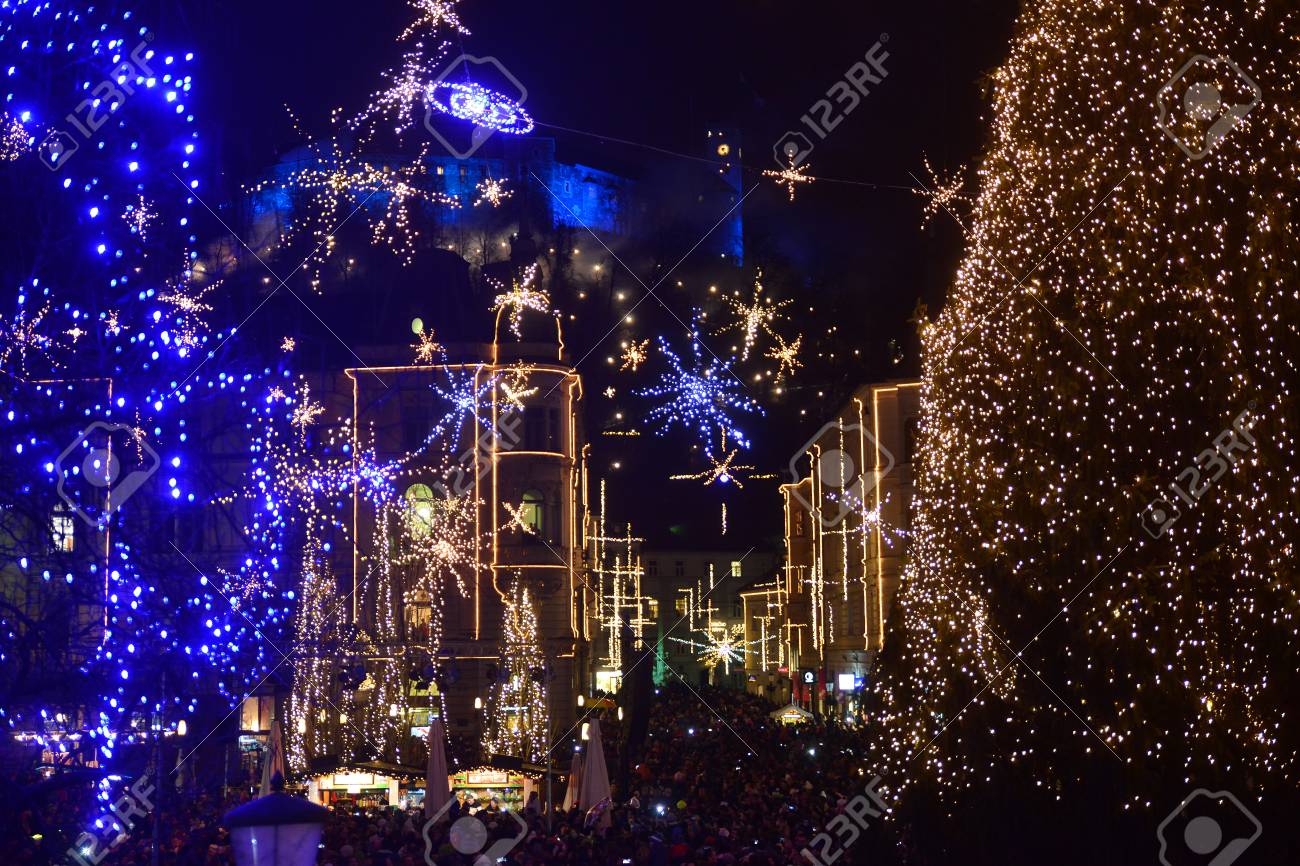 LJUBLJANA - SLOVENIA - DECEMBER 1, 2017: Official lighting of holiday christmas lights in the center of Ljubljana, the capital of Slovenia. - 93040861 LJUBLJANA - SLOVENIA - DECEMBER 1, 2017: Official lighting of holiday christmas lights in the center of Ljubljana, the capital of Slovenia. - 93040861