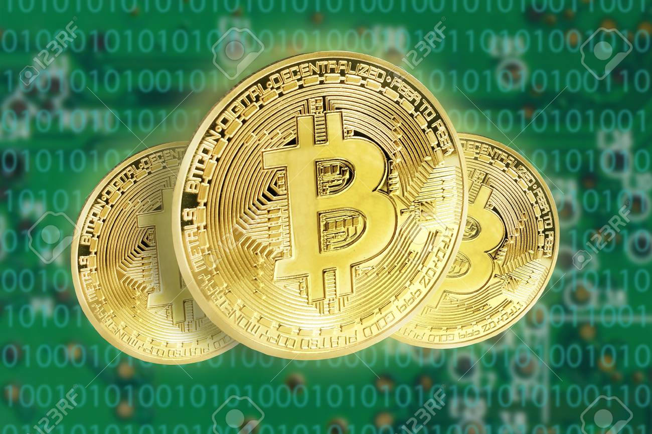 Bitcoins concept with electrical circuit in the back - 93970383 Bitcoins concept with electrical circuit in the back - 93970383