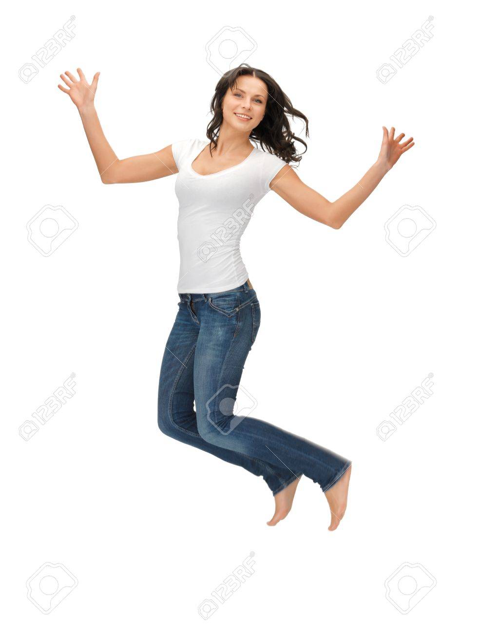 Bright Picture Of Happy Jumping Woman In Blank White T-shirt Фотография,  картинки, изображения и сток-фотография без роялти. Image 14333020.