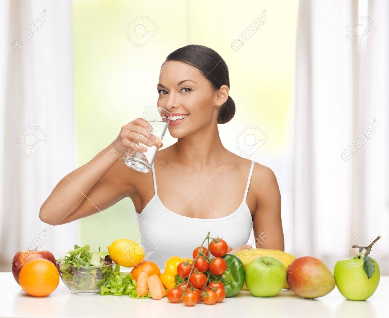 beautiful woman with healthy food and water - 19347040 beautiful woman with healthy food and water - 19347040