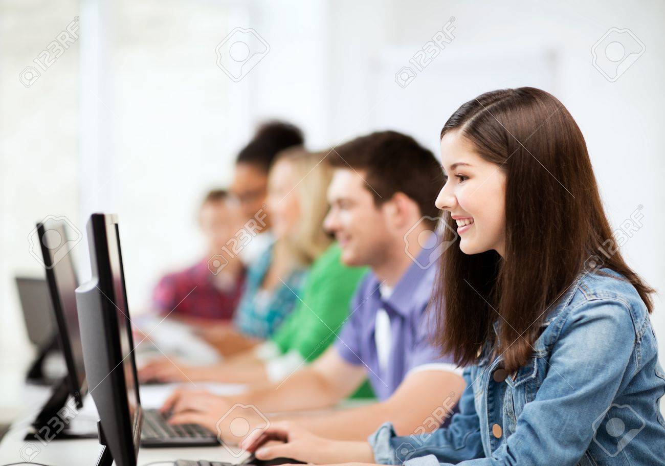 education technology and internet students with computers stock