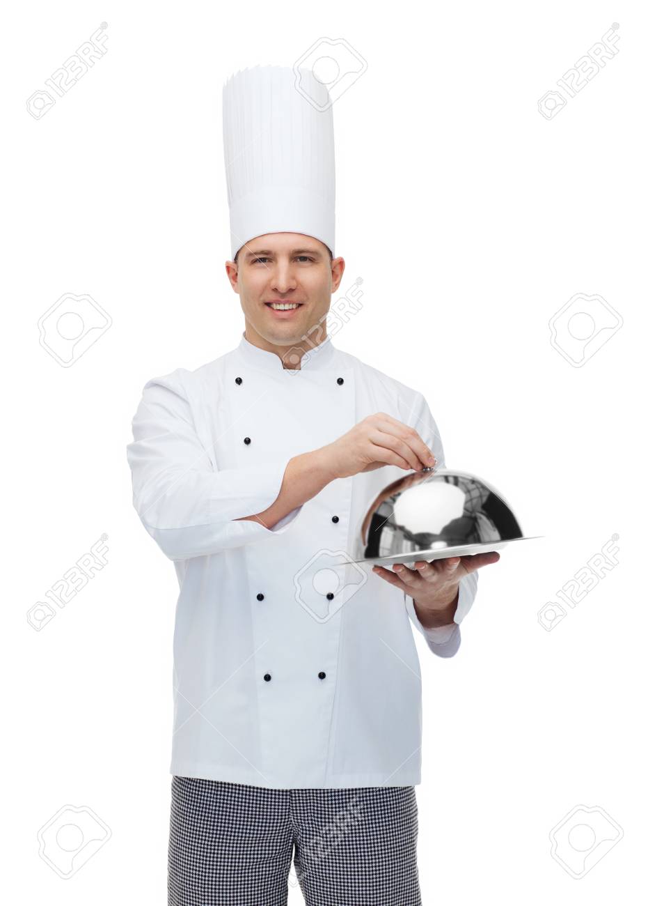 料理 人の職業とコンセプト クローシュを持って幸せな男性シェフ料理 の写真素材 画像素材 Image
