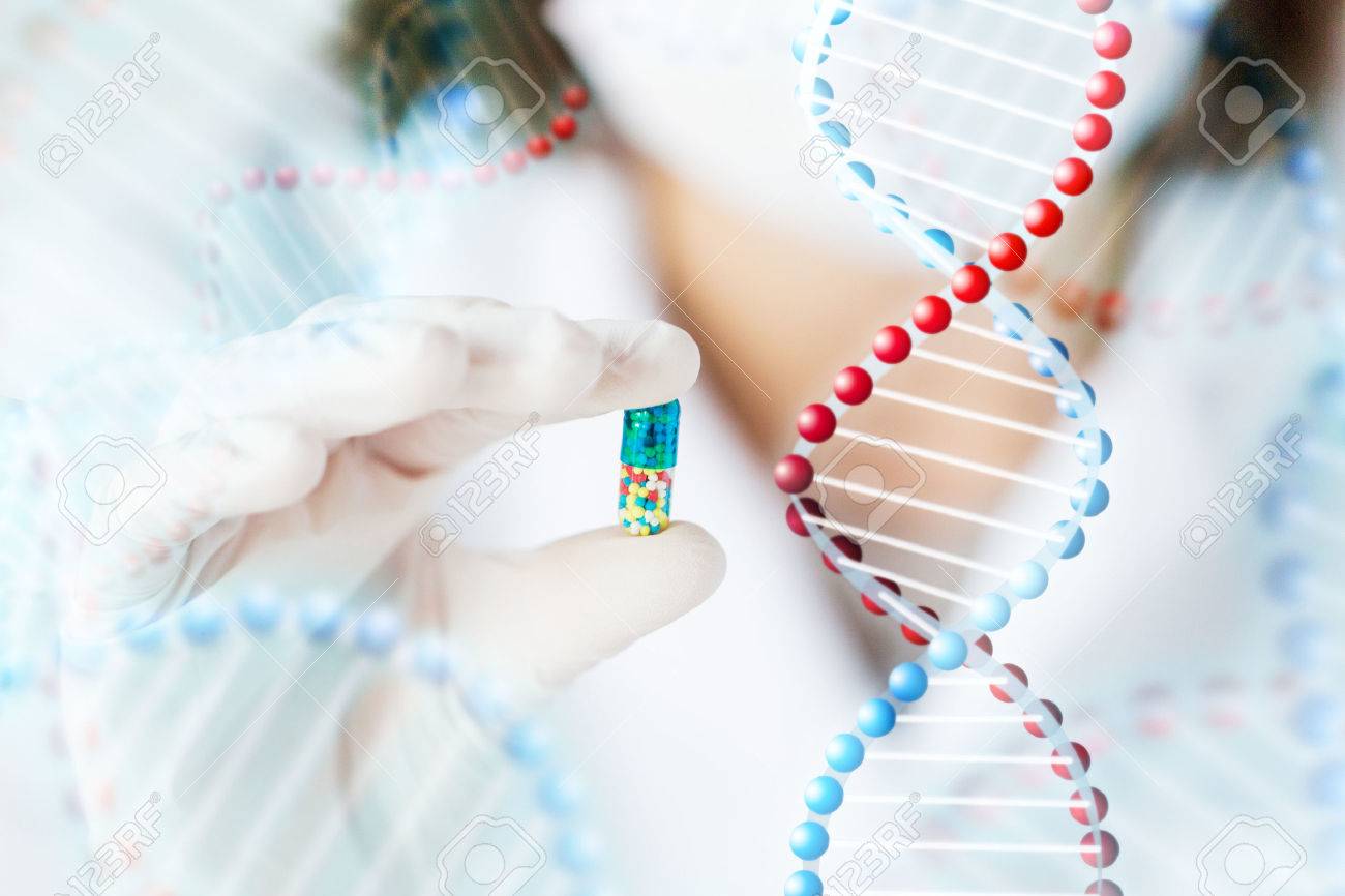 science, chemistry, biology, medicine and people concept - close up of young female scientist or doctor showing pill in laboratory and dna molecule structure - 40527020 science, chemistry, biology, medicine and people concept - close up of young female scientist or doctor showing pill in laboratory and dna molecule structure - 40527020