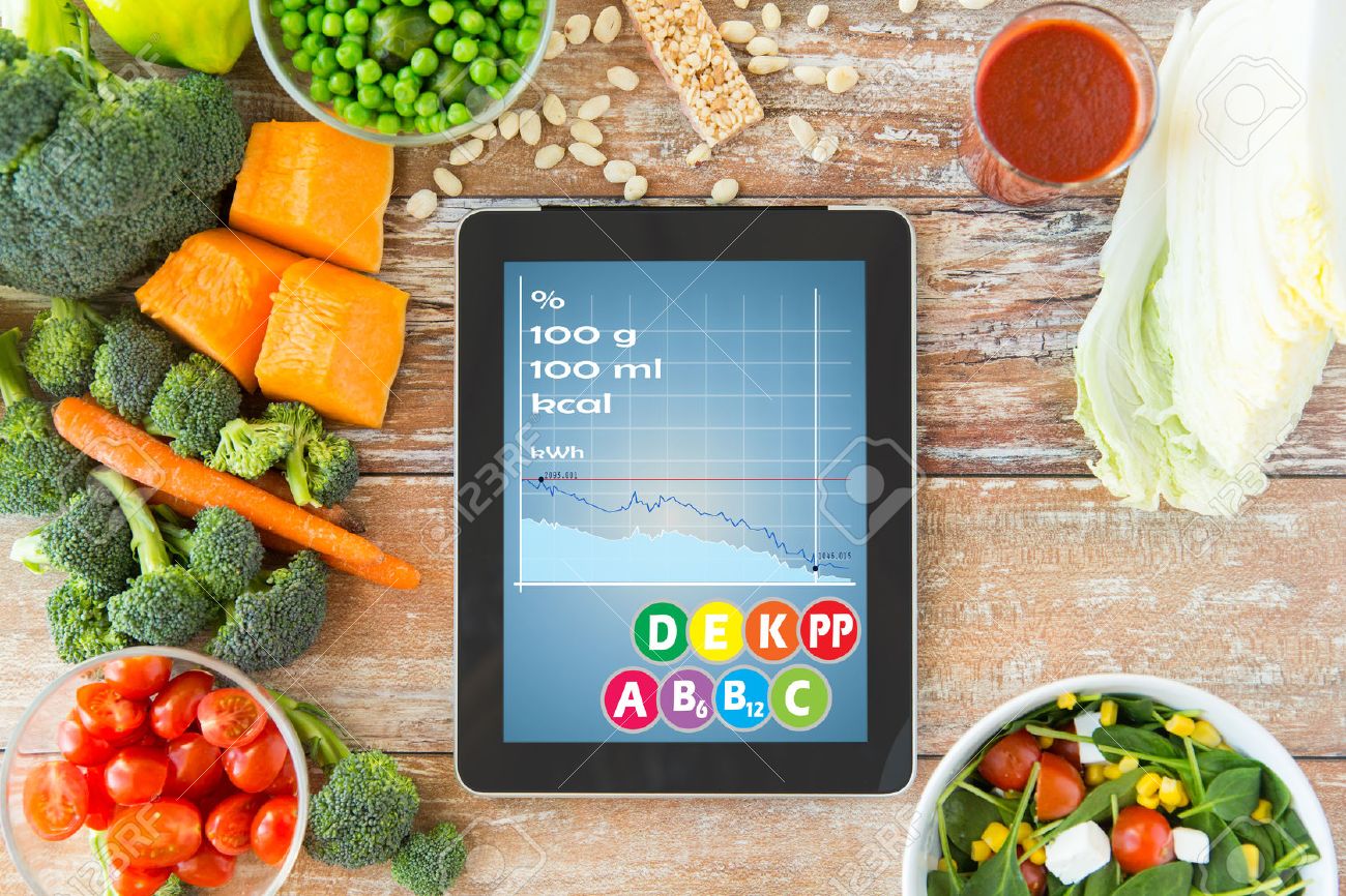healthy eating, dieting, calories counting and weigh loss concept - close up of tablet pc screen with chart and vegetables on table - 40528377 healthy eating, dieting, calories counting and weigh loss concept - close up of tablet pc screen with chart and vegetables on table - 40528377