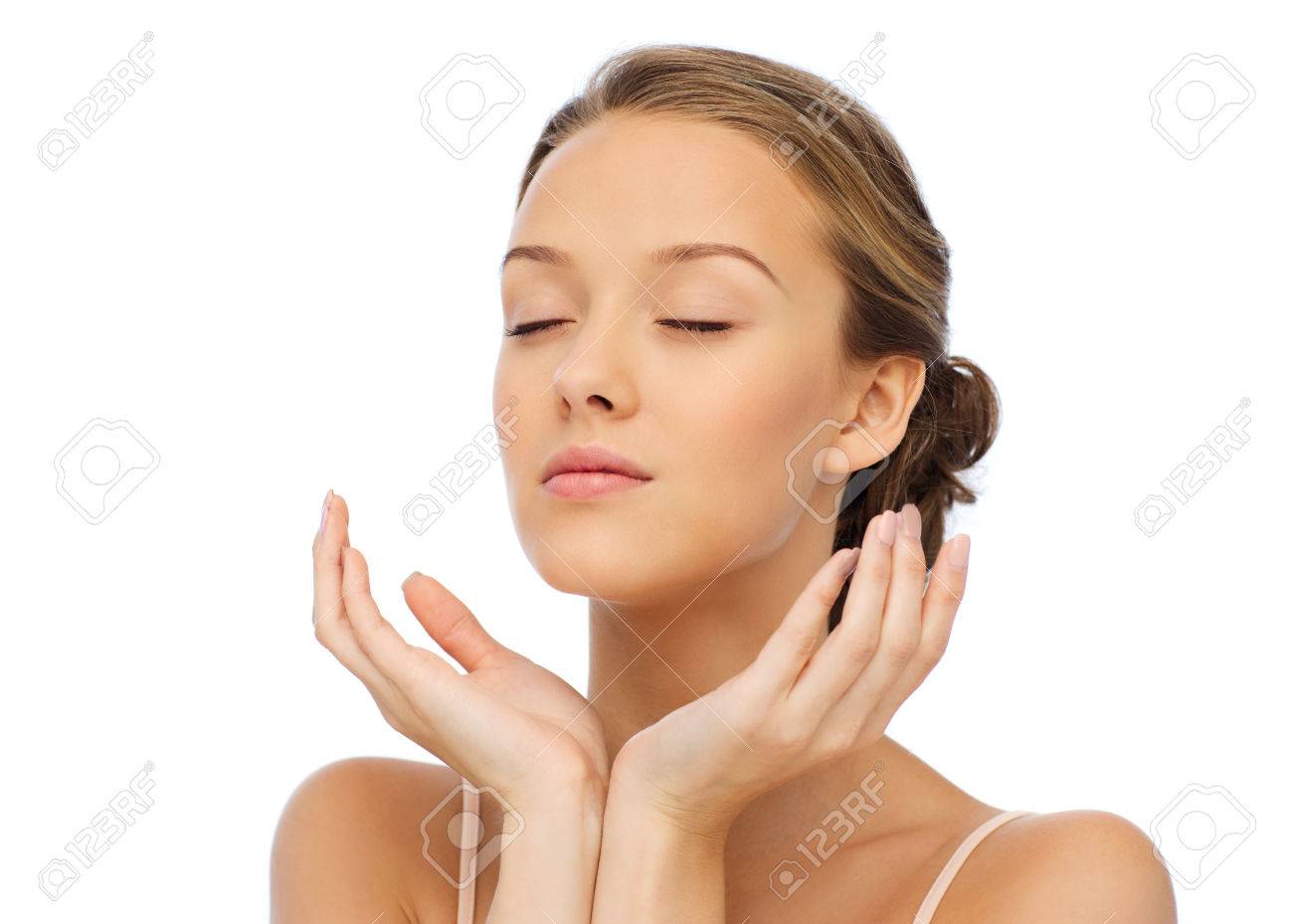 beauty, people, skincare and health concept - young woman face and hands - 51334613 beauty, people, skincare and health concept - young woman face and hands - 51334613