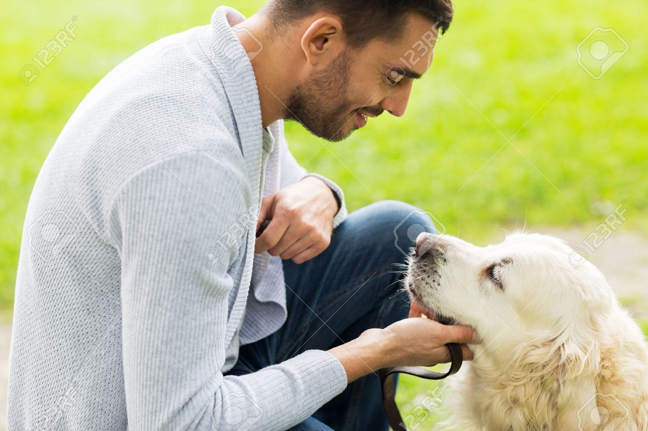 family, pet, animal and people concept - close up of happy man with labrador retriever dog on walk - 51384740 family, pet, animal and people concept - close up of happy man with labrador retriever dog on walk - 51384740
