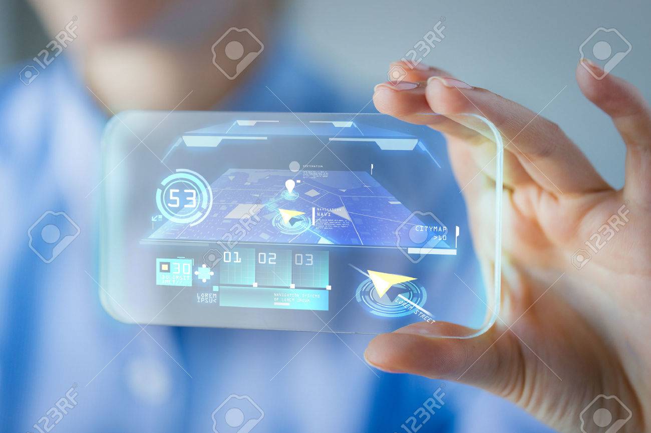 business, technology, navigation system and people concept - close up of woman hand holding and showing transparent smartphone with navigator on screen - 51852092 business, technology, navigation system and people concept - close up of woman hand holding and showing transparent smartphone with navigator on screen - 51852092