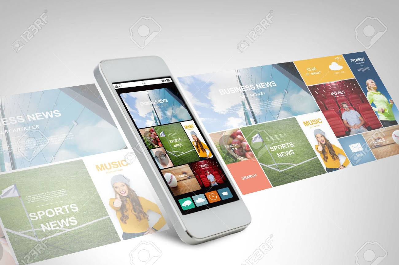 technology, business, electronics, internet and media concept - white smarthphone with news web page and application icons on screen - 53241355 technology, business, electronics, internet and media concept - white smarthphone with news web page and application icons on screen - 53241355