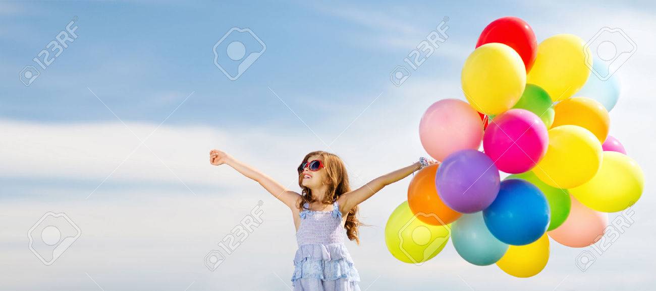 summer holidays, celebration, family, children and people concept - happy girl with colorful balloons - 53475499 summer holidays, celebration, family, children and people concept - happy girl with colorful balloons - 53475499