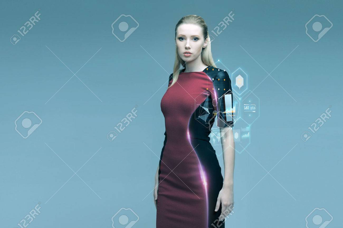 people, future technology and science concept - beautiful futuristic woman with virtual projection over gray background - 54304564 people, future technology and science concept - beautiful futuristic woman with virtual projection over gray background - 54304564