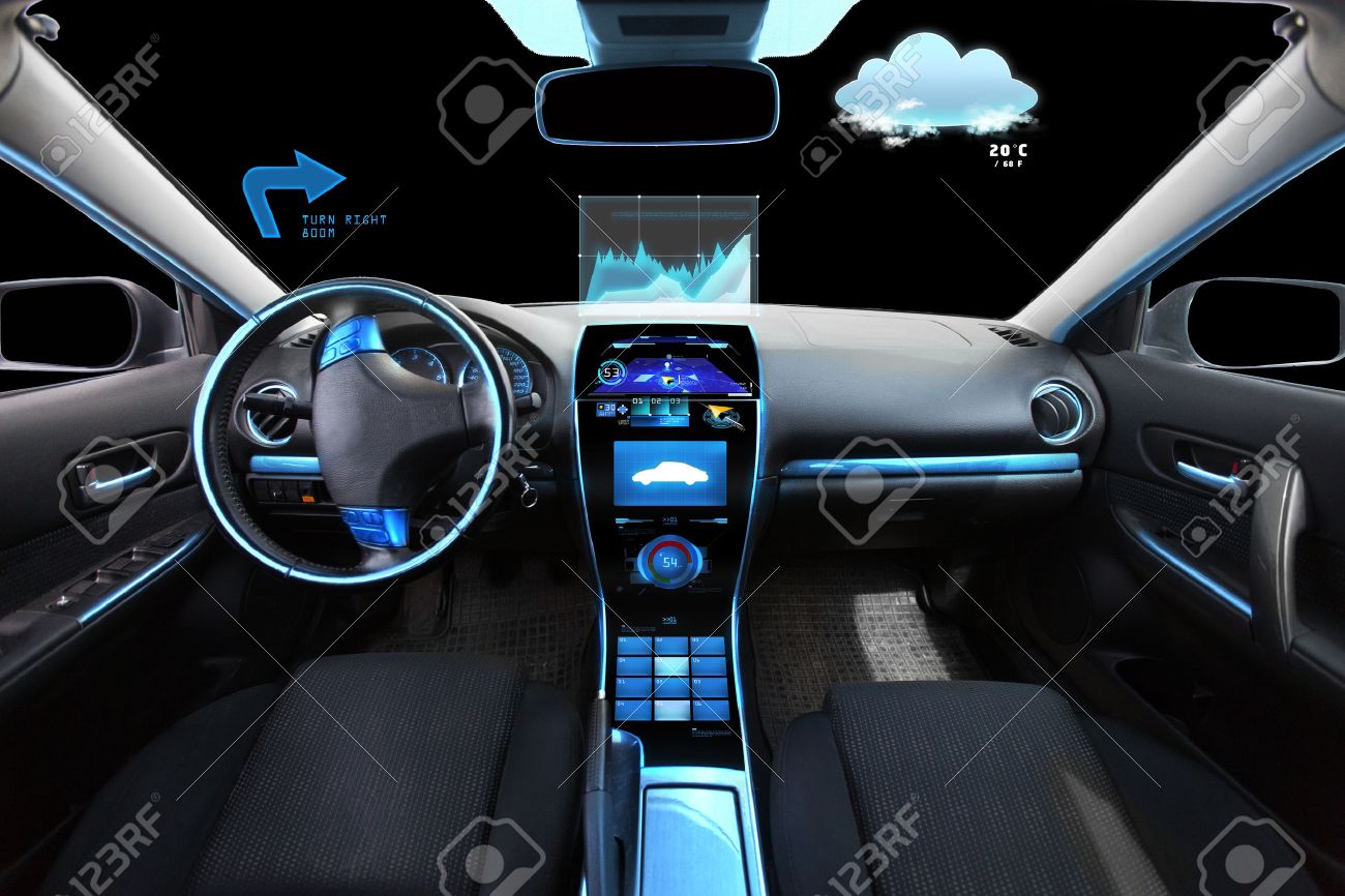 transport, destination and modern technology concept - car salon with navigation system on dashboard and meteo sensor on windshield - 57179541 transport, destination and modern technology concept - car salon with navigation system on dashboard and meteo sensor on windshield - 57179541