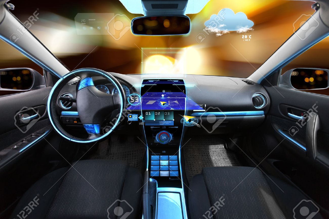 transport, destination and modern technology concept - car salon with navigation system on dashboard and meteo sensor on windshield over night lights background - 57255454 transport, destination and modern technology concept - car salon with navigation system on dashboard and meteo sensor on windshield over night lights background - 57255454