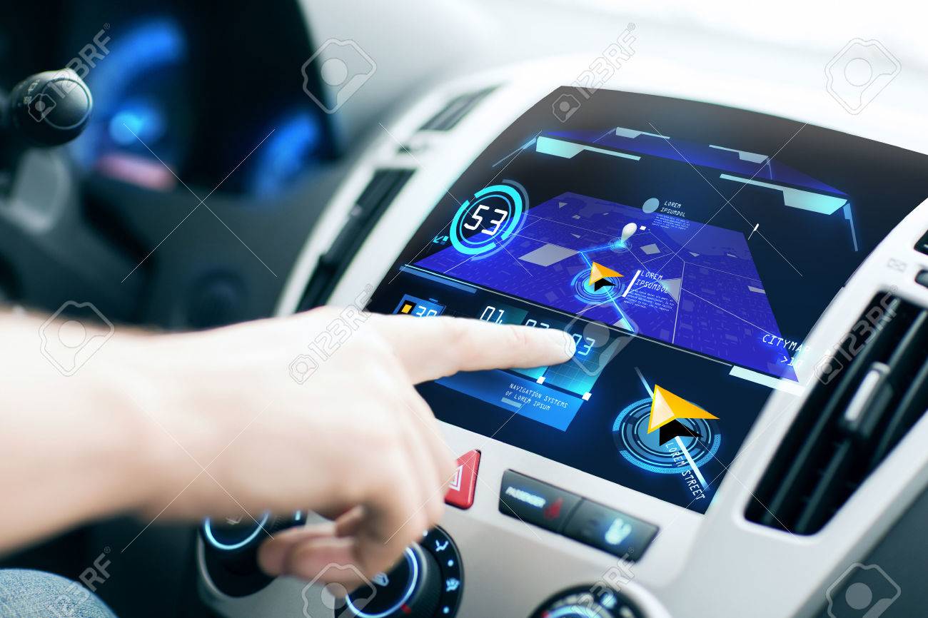 transport, destination, modern technology and people concept - male hand searching for route using navigation system on car dashboard screen - 57376940 transport, destination, modern technology and people concept - male hand searching for route using navigation system on car dashboard screen - 57376940