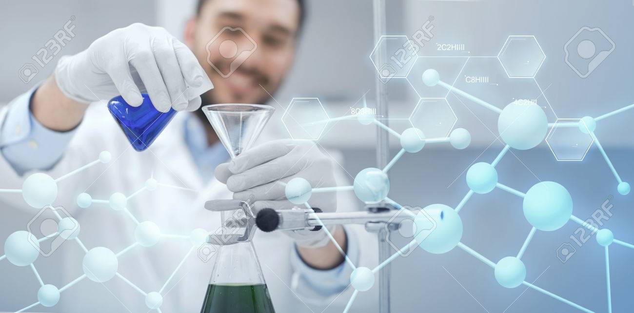 science, chemistry, biology, medicine and people concept - close up of scientist filling test tubes with funnel and making research in clinical laboratory over blue molecular structure background - 59196142 science, chemistry, biology, medicine and people concept - close up of scientist filling test tubes with funnel and making research in clinical laboratory over blue molecular structure background - 59196142