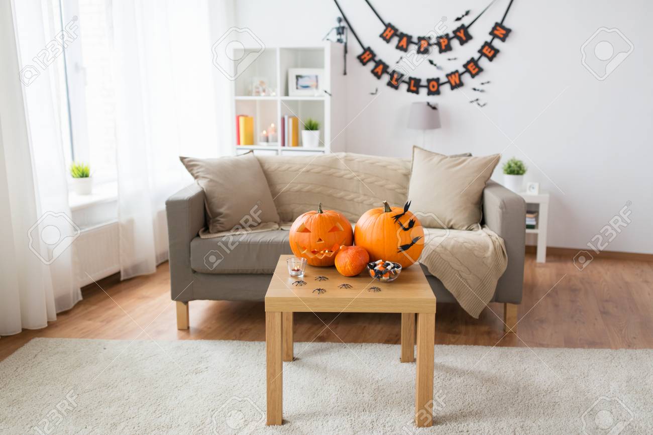 Jack O Lantern And Halloween Decorations At Home Stock Photo