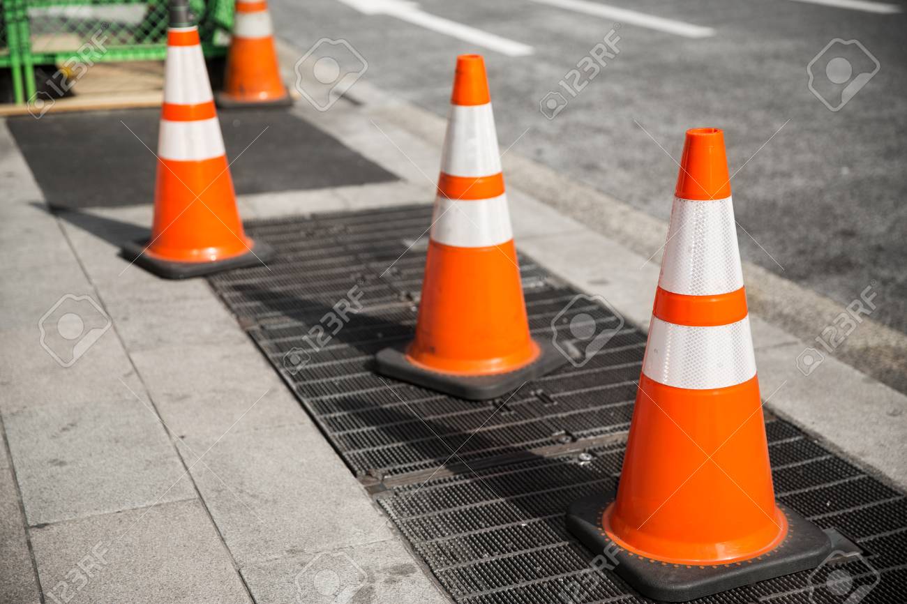 Close Up Of Traffic Or Road Cones On City Street Stock Photo, Picture And  Royalty Free Image. Image 110430404.