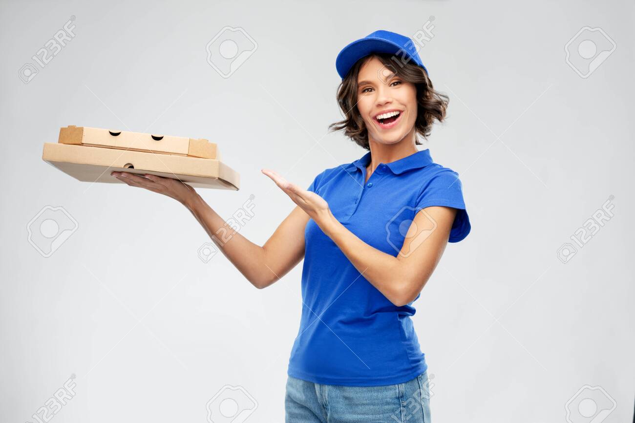 delivery woman with takeaway pizza boxes - 147335245 delivery woman with takeaway pizza boxes - 147335245