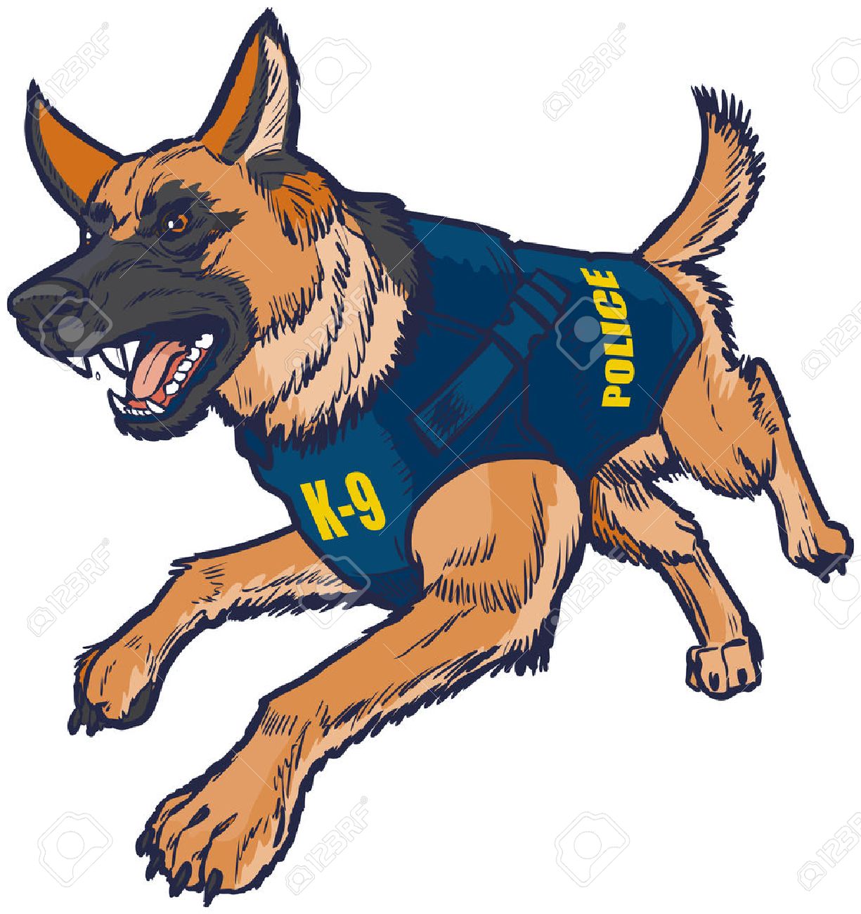 Vector cartoon clip art illustration of a police k9 german shepherd dog with a bulletproof vest running toward the viewer and barking. - 60687792