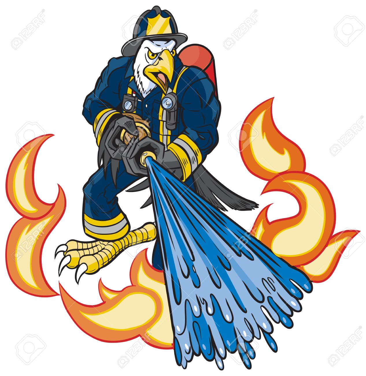 Vector Illustration De Dessin Animé De Dessin Animé Dune Mascotte De Pompier Daigle Bas Et Dur Uniforme En Uniforme Jetant De Leau Sur Le Feu Ou