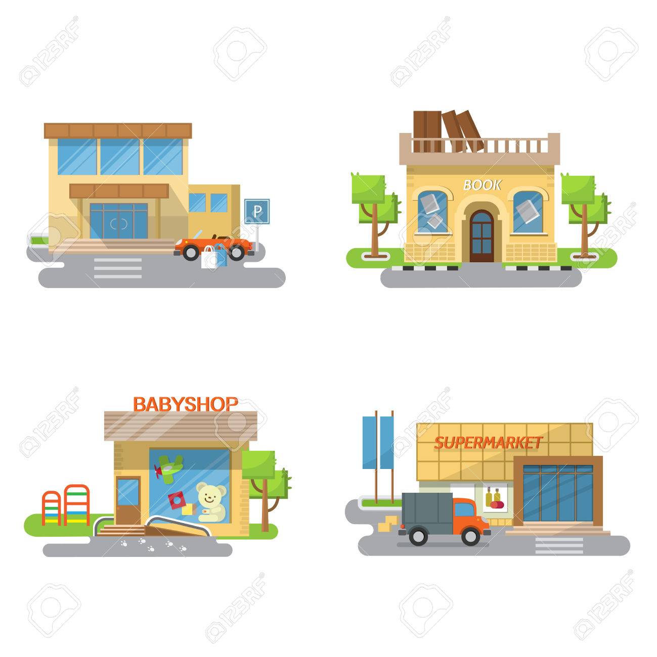 スーパー マーケット Babyshop 白い背景の上の本屋のベクター イラストです 建物のスーパー マーケット Babyshop 分離された書店の イラスト素材 ベクタ Image