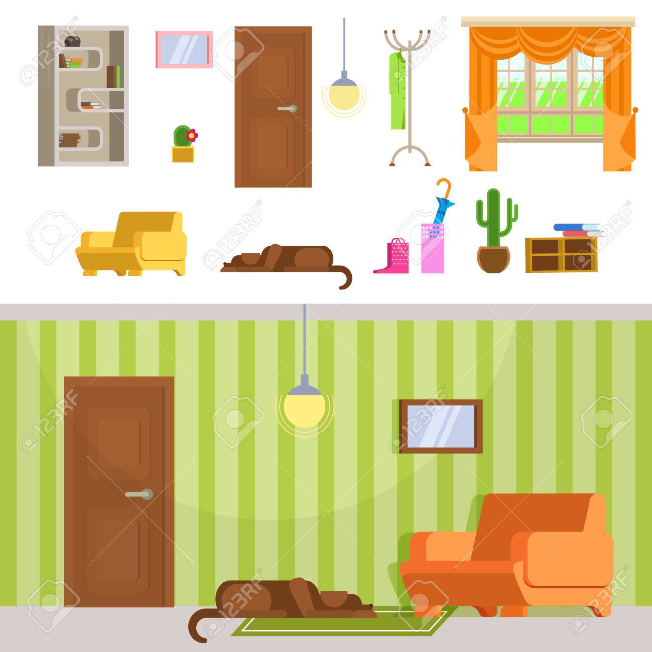 内部の玄関ドアと床のハンガーで部屋のデザイン 詳細なインテリア部屋フラットのセットです 奥の部屋で横になっている犬 緑と茶色の色の内部の玄関の部屋 のイラスト素材 ベクタ Image 内部の玄関ドアと床のハンガーで部屋のデザイン 詳細なインテリア部屋フラットのセットです 奥の部屋で横になっている犬 緑と茶色の色の内部の玄関の部屋 のイラスト素材 ベクタ Image
