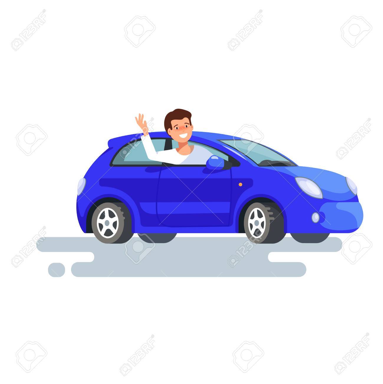 幸せな男ドライバーのベクトル フラットのイラストは 彼の青い車に座って手を振りました デザインのコンセプトは 新しい車を買うのイラスト素材 ベクタ Image